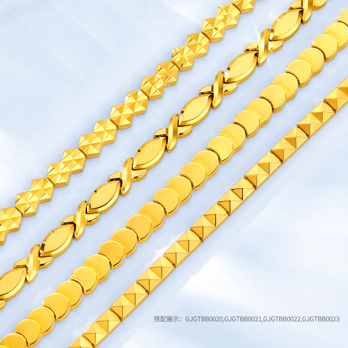 六福珠宝光影金巧克力方块黄金手链女5G足金软手链计价GJGTBB0022【1V1直播看货】