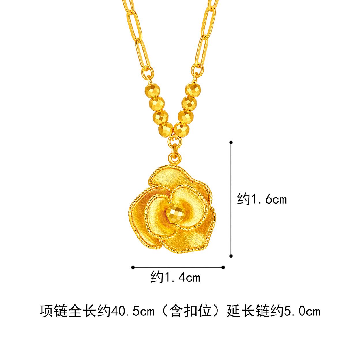 六福珠宝丝绸金玫瑰花黄金项链女款复古蹦迪珠套链赏花计价GJGTBN0036