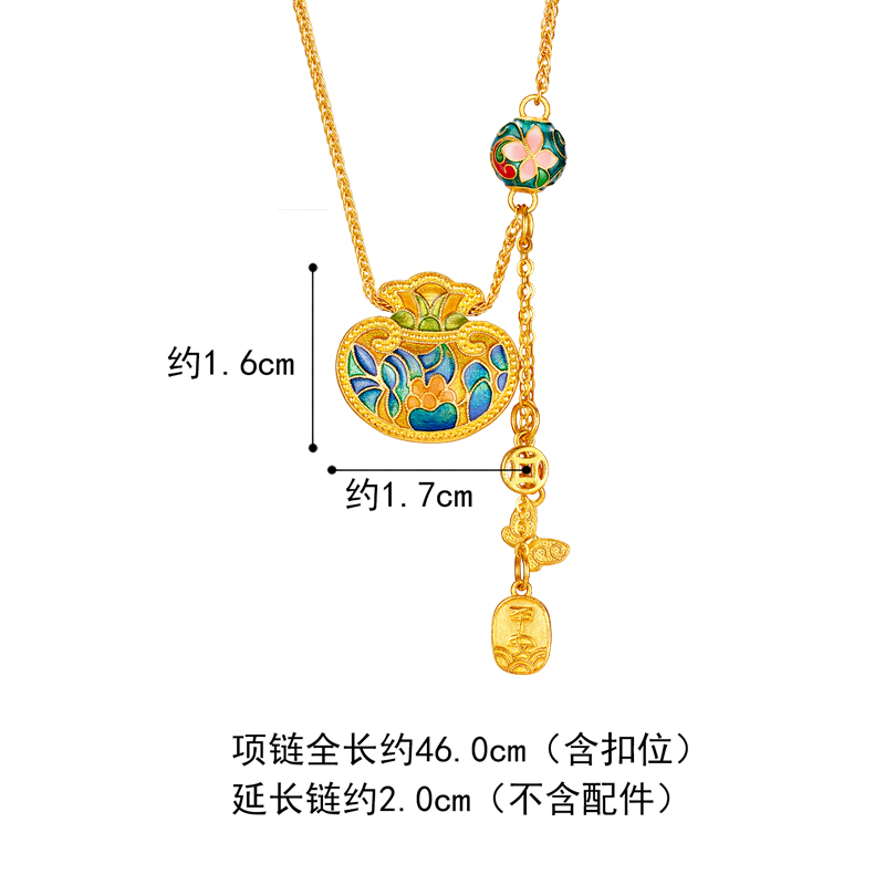 六福珠宝福满传家袋袋有财黄金项链鎏彩工艺计价F41TBGN0008绿色