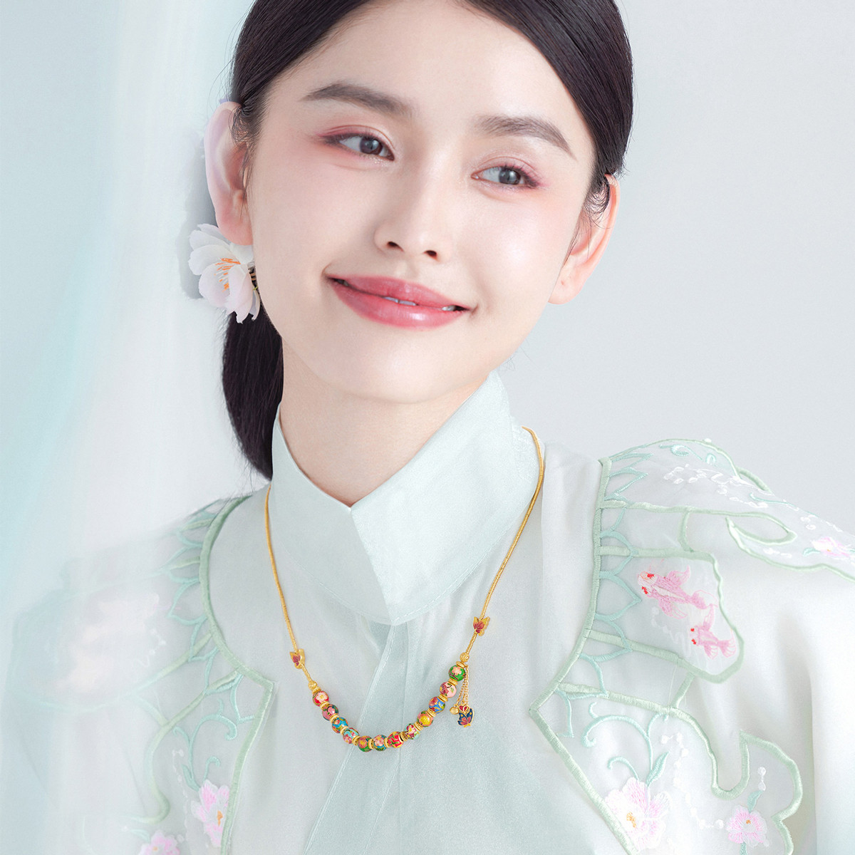 六福珠宝福满传家十二花神黄金项链鎏彩工艺莲花计价F41TBGN0007【联系客服补货】绿色