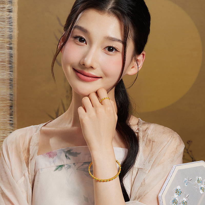 六福珠宝福满传家四时如意黄金戒指女款鎏彩工艺计价G21TBGR0011母亲节礼物