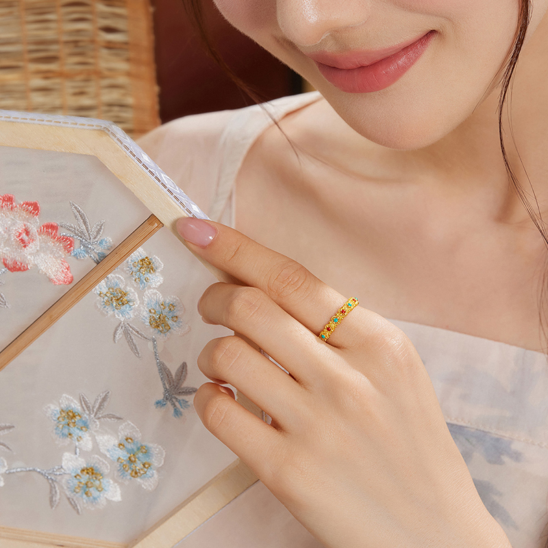 六福珠宝福满传家四时如意黄金戒指女款鎏彩工艺计价G21TBGR0011母亲节礼物
