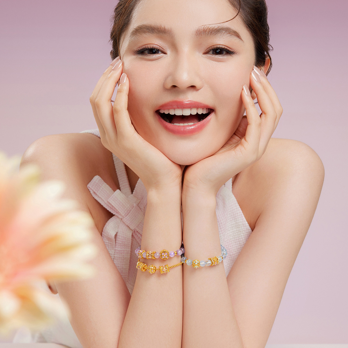 六福珠宝花韵黄金转运珠女鎏彩工艺DIY珍珠串珠路路通赏花定价FIA1TBP0015情人节
