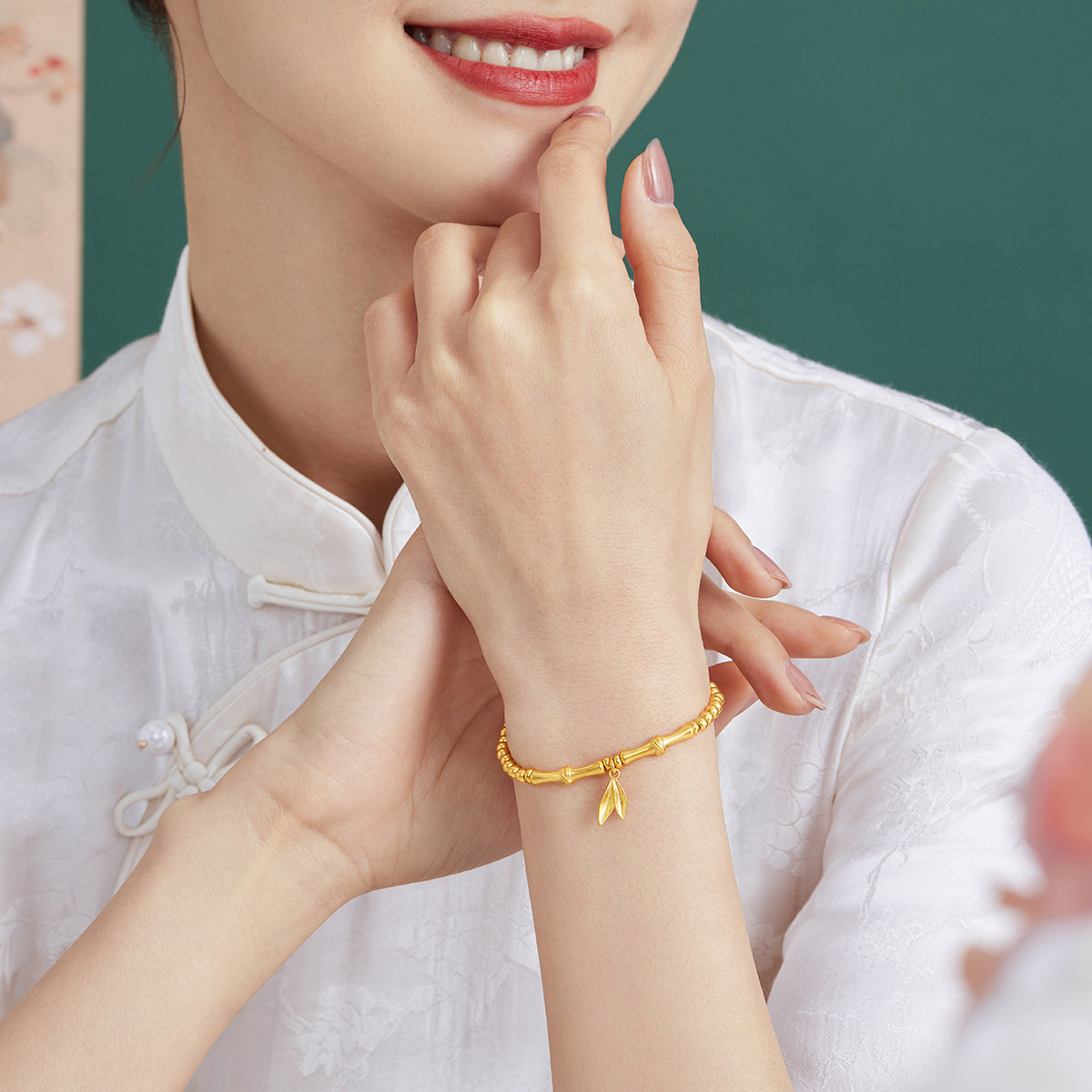 六福珠宝竹节黄金手链女款金珠手串足金福满传家送礼计价004629BA【联系客服补货】