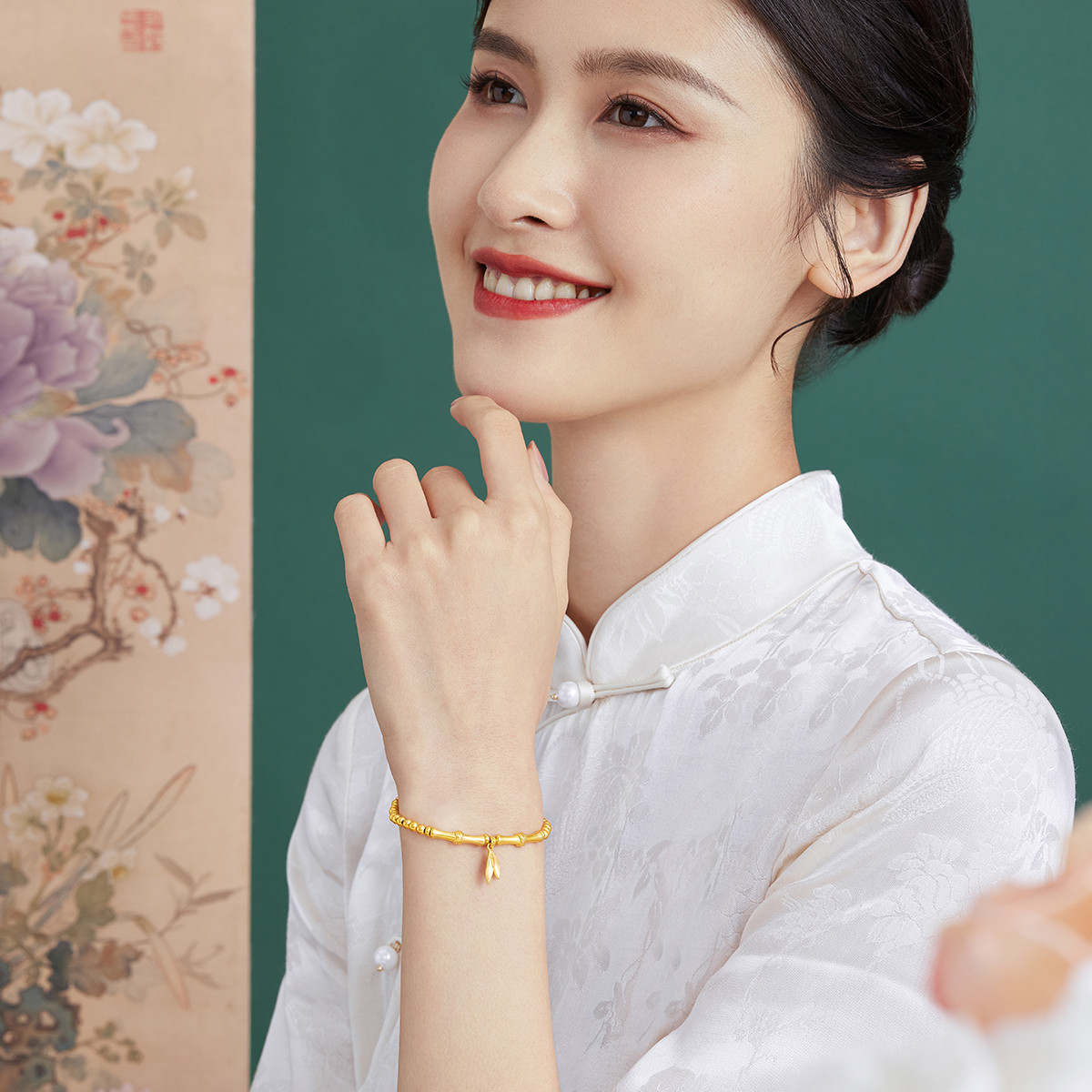 六福珠宝竹节黄金手链女款金珠手串足金福满传家送礼计价004629BA【联系客服补货】