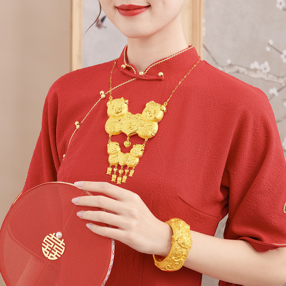 六福珠宝囍爱系列黄金项链如意福猪足金套链婚嫁礼计价001080NA-A