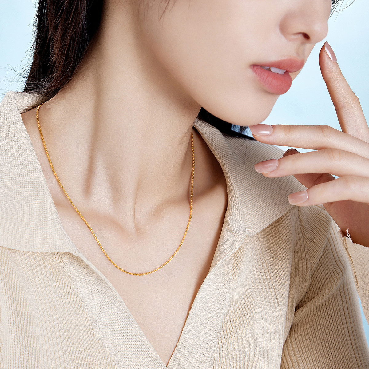 六福珠宝十字素链黄金项链女简约锁骨细链子足金计价A03TBGN0004A