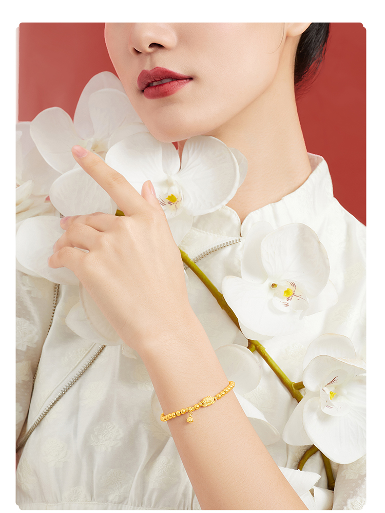 六福珠宝福满传家莲花黄金手链女金珠手串足金计价F63TBGB0054莲3