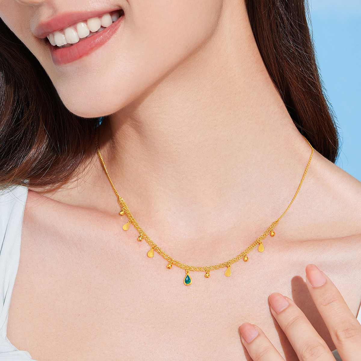 六福珠宝灵感系列Ⅱ贝加尔湖黄金项链女水滴锁骨链计价GJG0007DS【1V1直播看货】