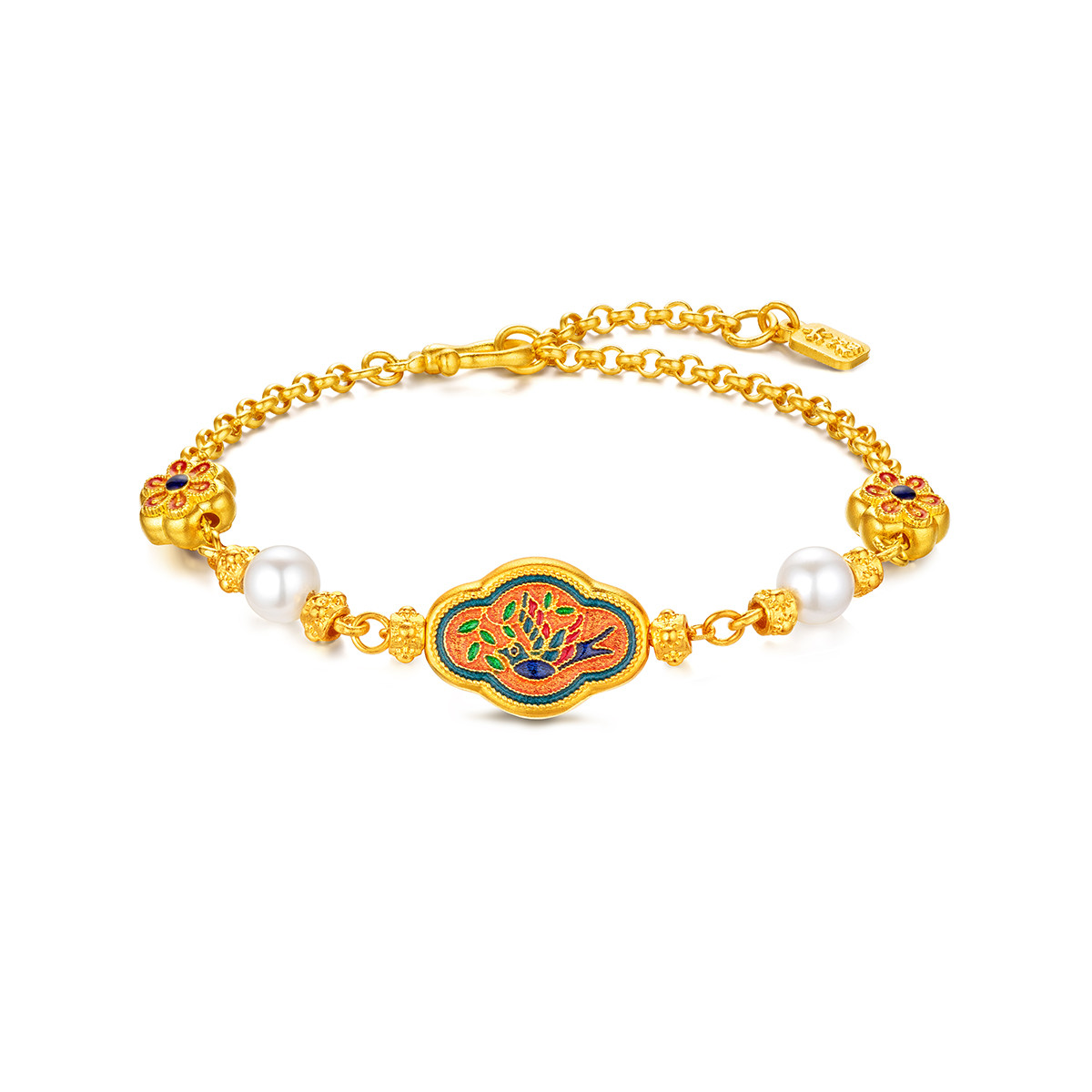 六福珠宝福满传家飞燕报喜黄金手链珍珠鎏彩工艺足金计价012469BA绿色