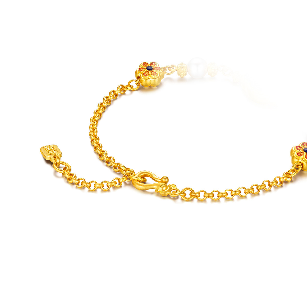 六福珠宝福满传家飞燕报喜黄金手链珍珠鎏彩工艺足金计价012469BA绿色