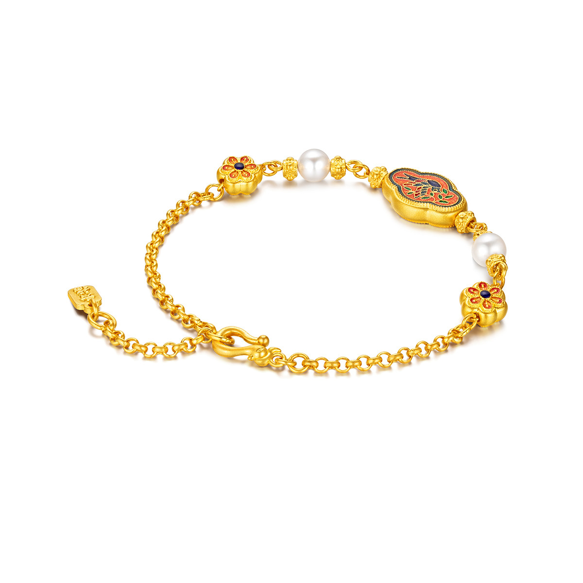 六福珠宝福满传家飞燕报喜黄金手链珍珠鎏彩工艺足金计价012469BA绿色