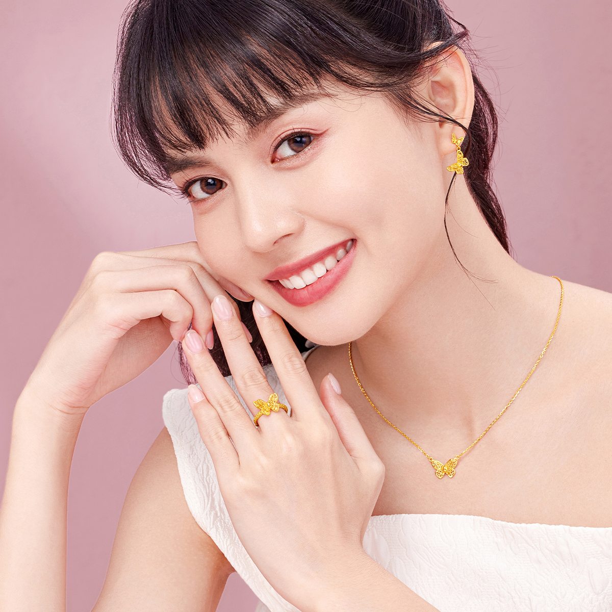 六福珠宝蝴蝶黄金戒指开口拉丝女款足金戒指礼物计价F95TBGR0003