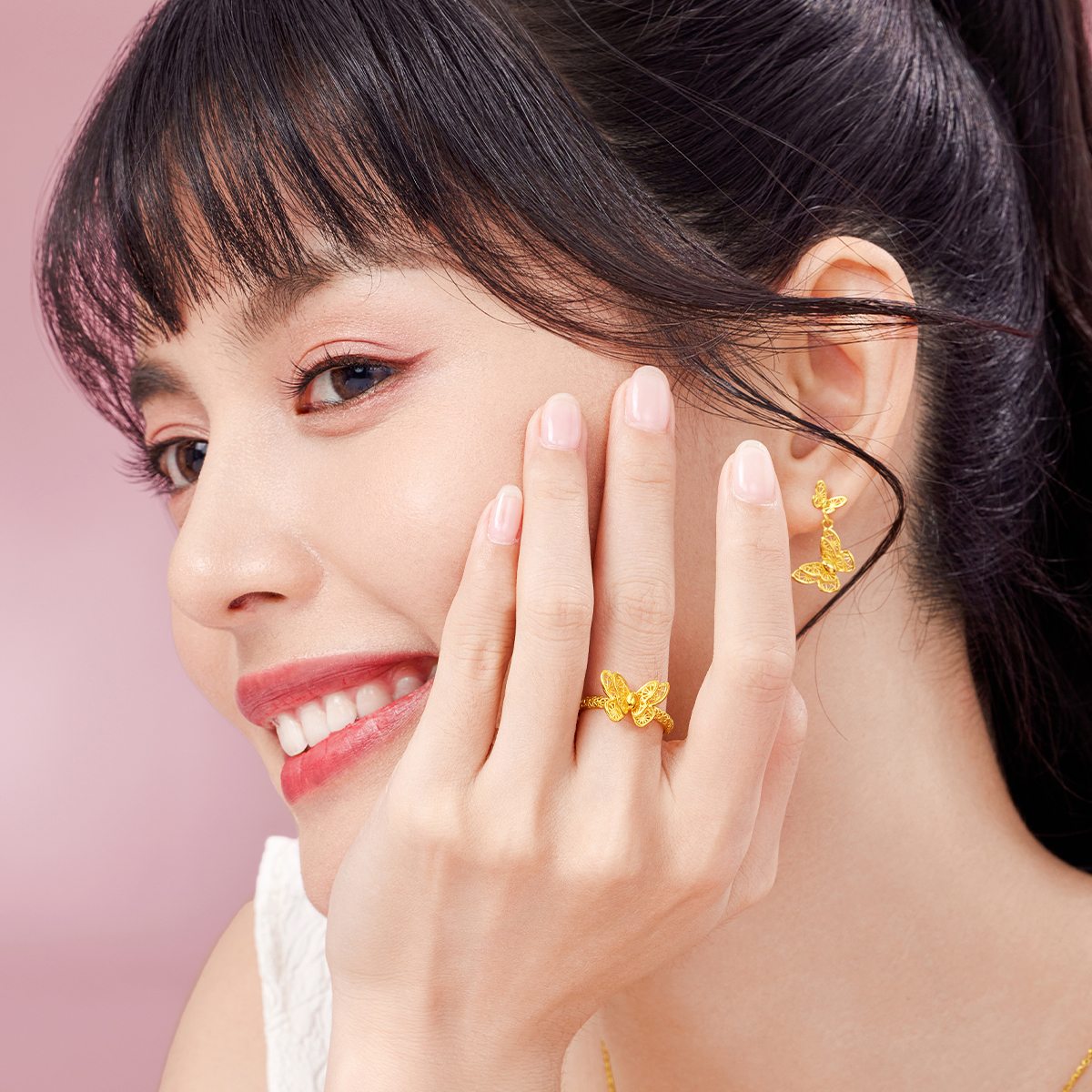 六福珠宝蝴蝶黄金戒指开口拉丝女款足金戒指礼物计价F95TBGR0003