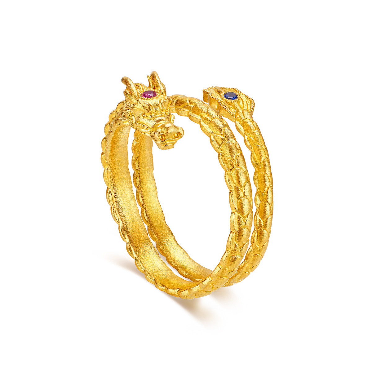 六福珠宝福满传家神龙摆尾黄金戒指女生肖双圈宝石戒指定价N232A【1V1直播看货】