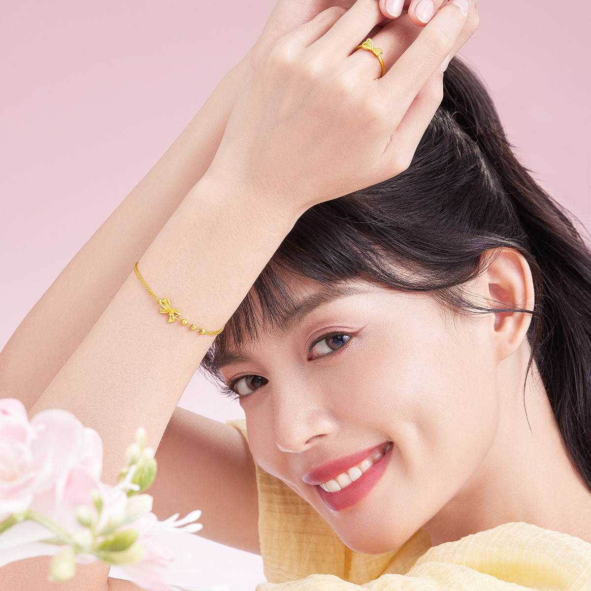六福珠宝蝴蝶结黄金手链女光面足金手链送礼计价F95TBGB0004【联系客服补货】