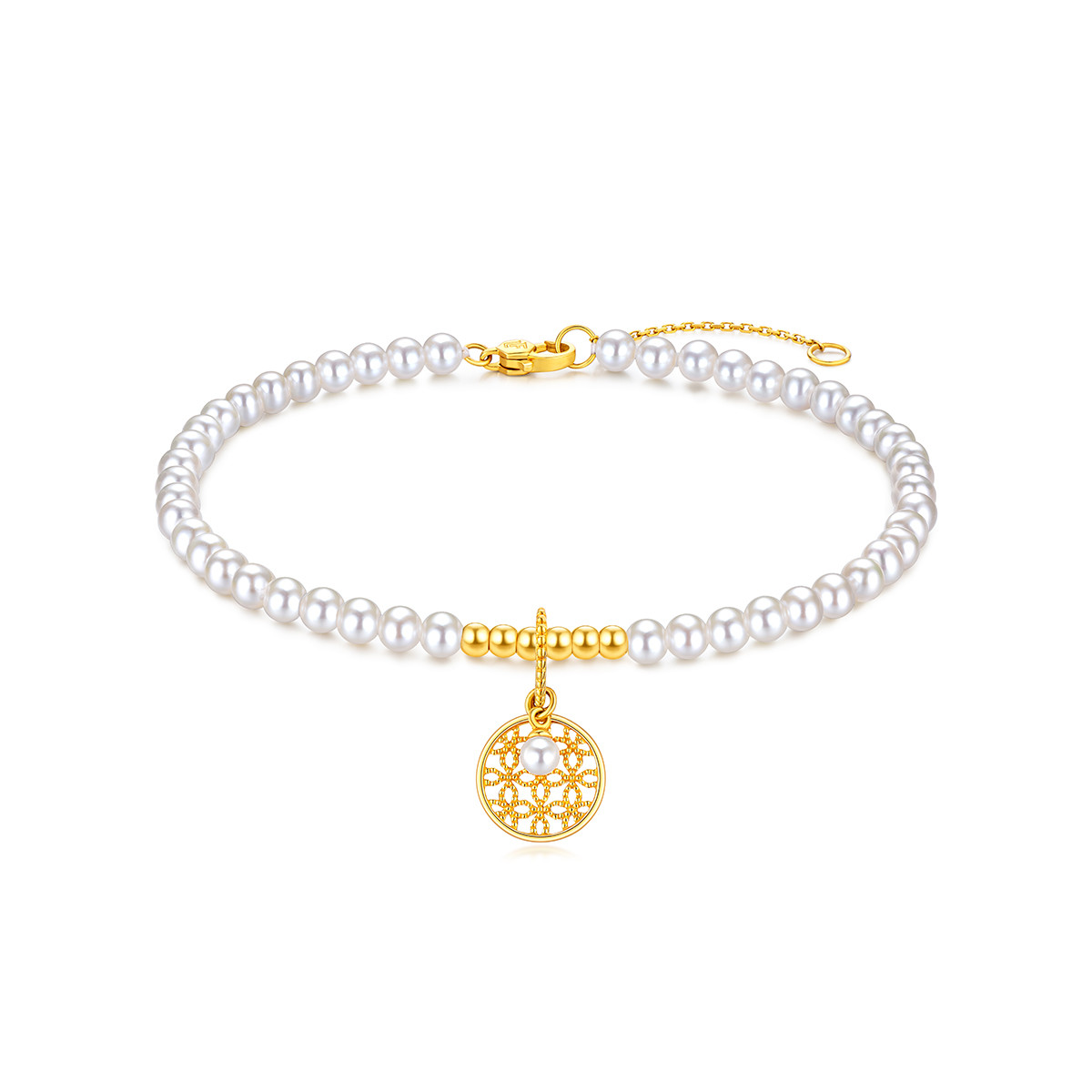 六福珠宝花窗影18k金珍珠手链女款淡水珍珠手串饰定价cMDSKB0024Y