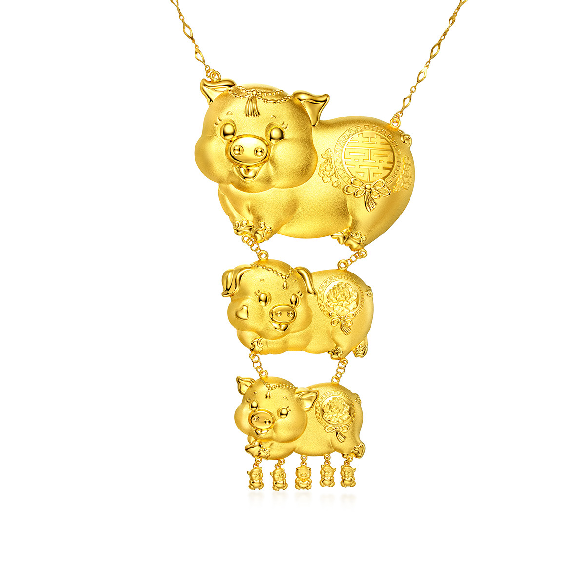 六福珠宝金猪吊坠女囍传祝福婚嫁猪牌足金套链计价A03G30207G3-TB【联系客服补货】