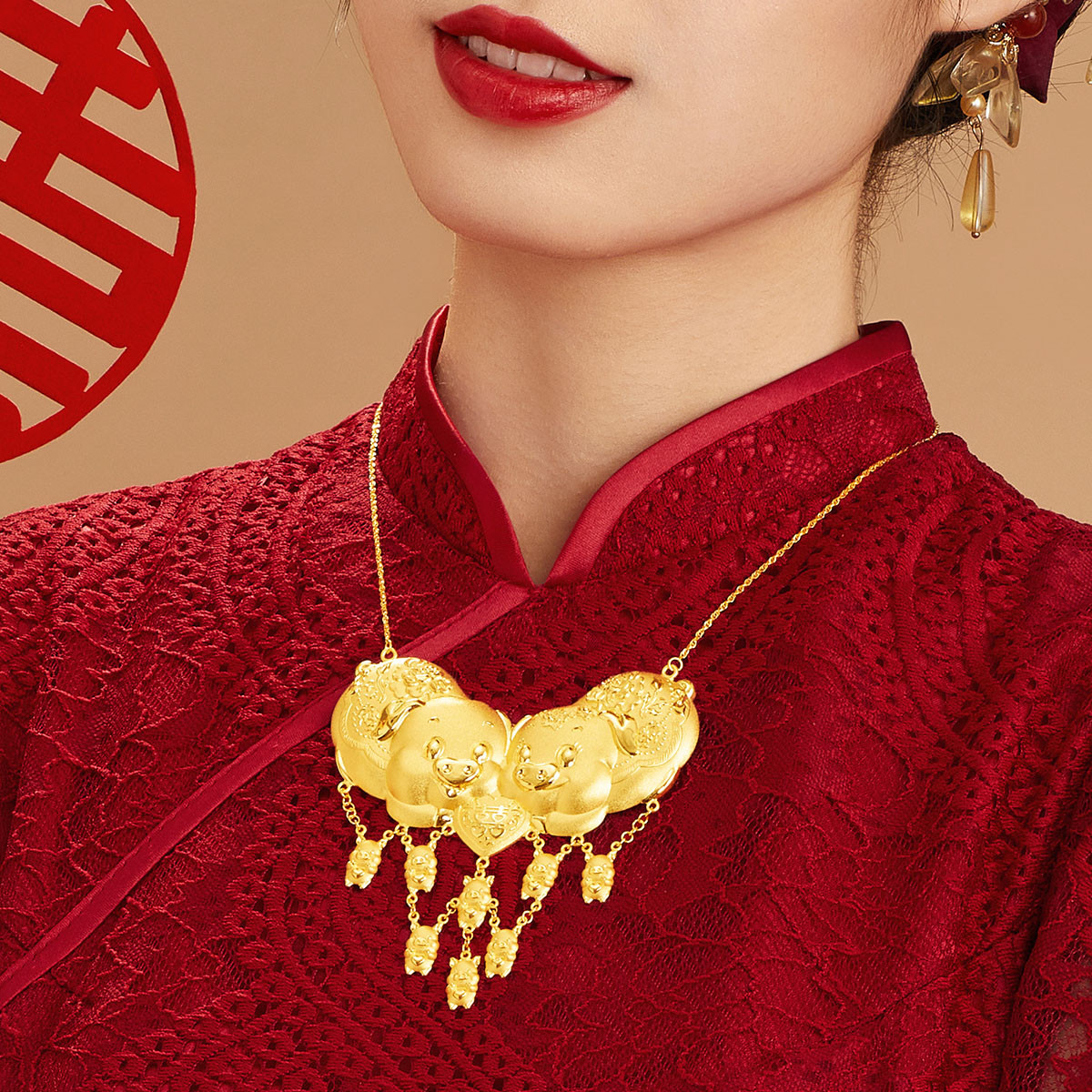 六福珠宝婚嫁黄金套装金猪报喜足金项链结婚三金女计价HIG30114C【联系客服补货】