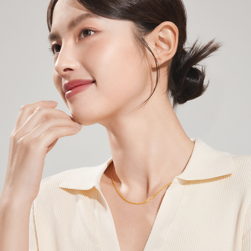 六福珠宝黄金项链简约水波纹素圈足金项链女细款计价B01TBGN0017A【联系客服补货】