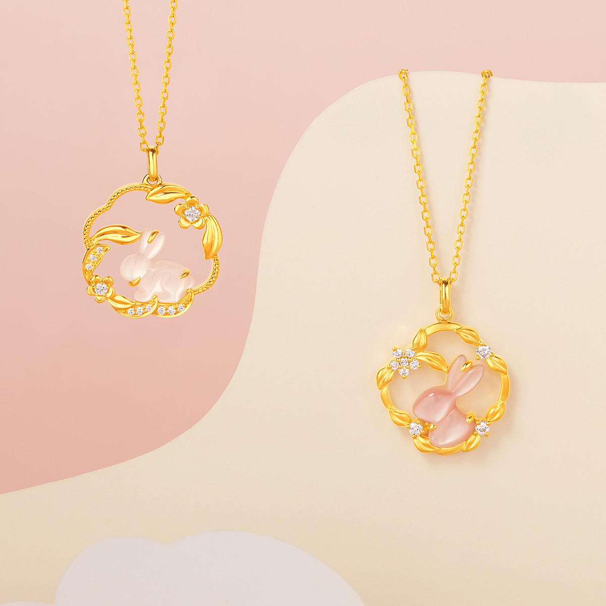 六福珠宝梅花玉兔项链18k金钻石吊坠女粉贝壳套链中秋礼定价cMDSKN0086Y【联系客服补货】