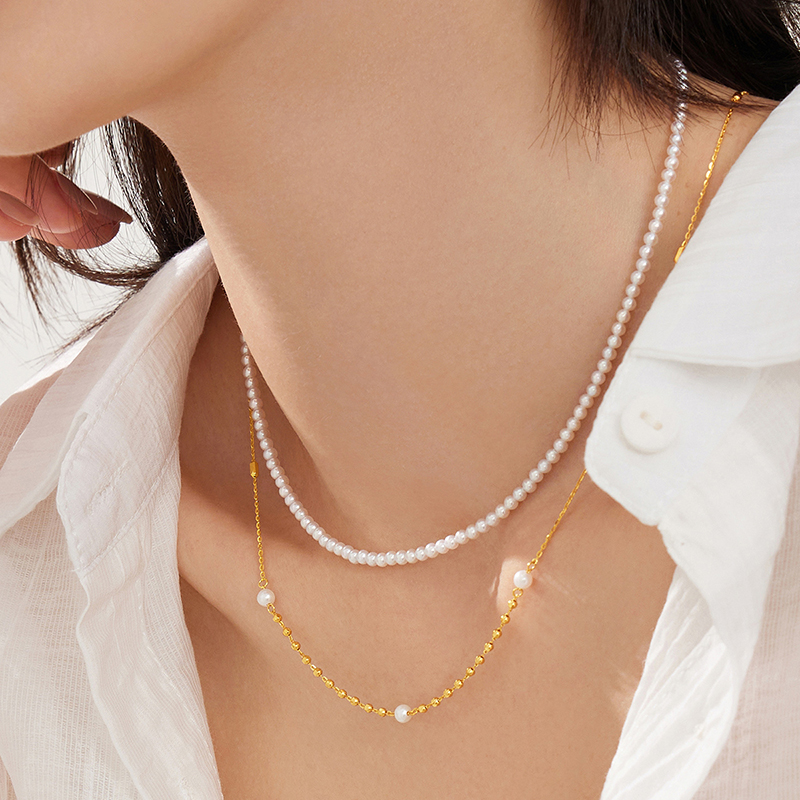 六福珠宝星光系列黄金项链女款金珠锁骨链珍珠首饰计价HEG0011DS