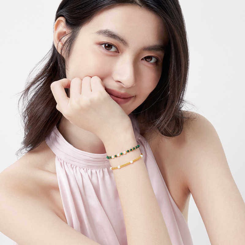 六福珠宝只此青绿孔雀石黄金手链女5G金珠珍珠手串定价GJA0006DS绿色绿3