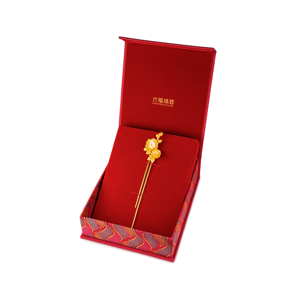 六福珠宝山茶花黄金发钗女和田玉足金发簪头饰赏花计价GDGTBH0001【联系客服补货】