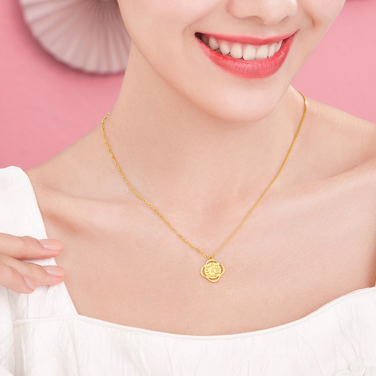 六福珠宝四叶草5G黄金项链女光影金AB版足金套链计价GDGTBN0028【联系客服补货】