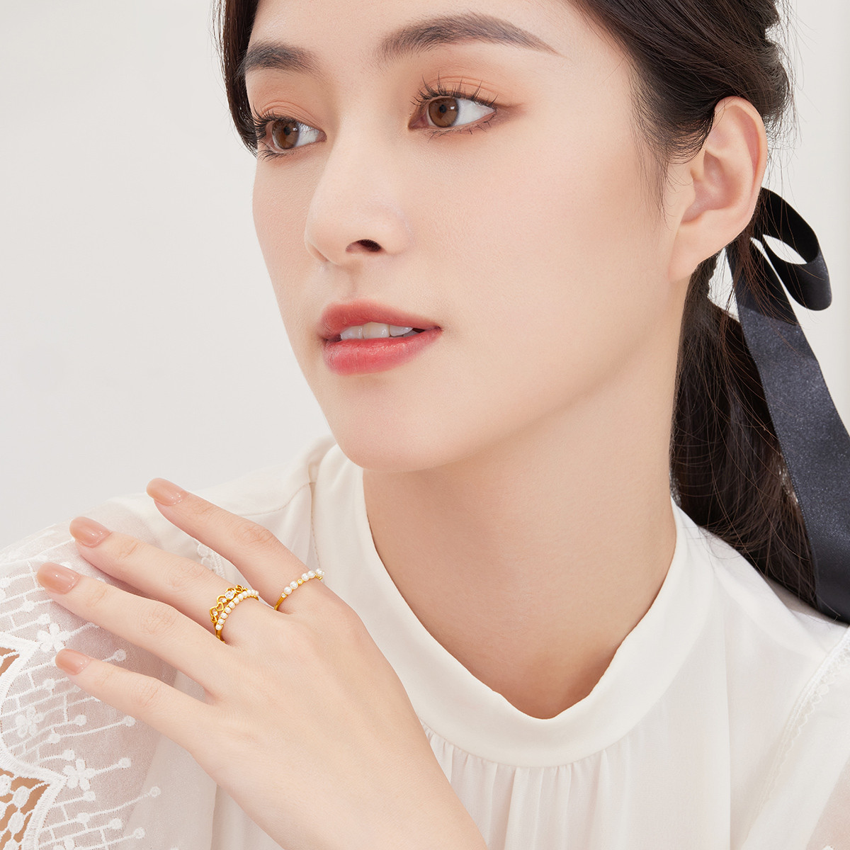 六福珠宝珍珠钻石戒指女戒百搭款18k金钻戒送礼定价cMDSKR0064Y【联系客服补货】