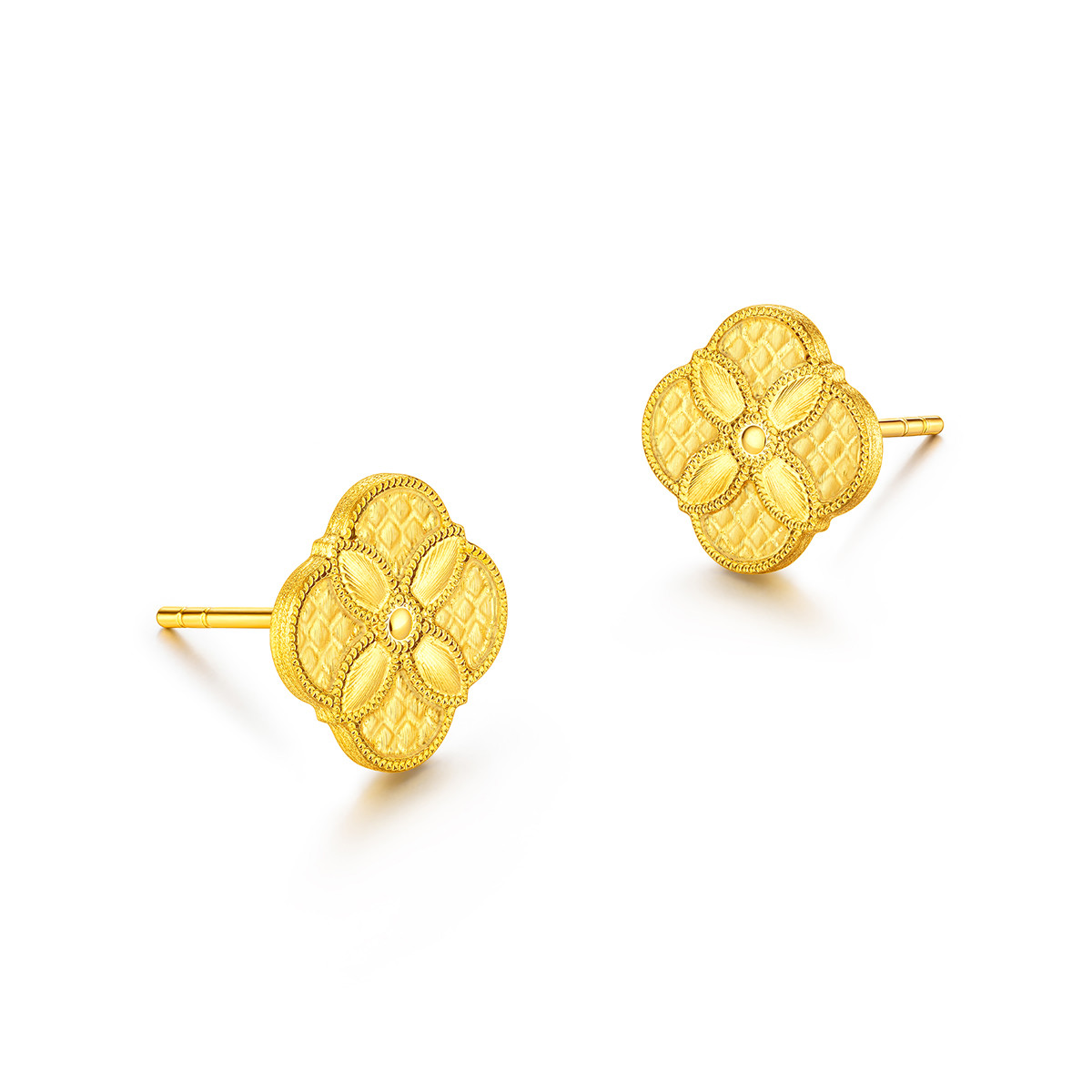 六福珠宝黄金耳钉四叶草足金菱格纹耳钉女款计价HEG0006DS【联系客服补货】