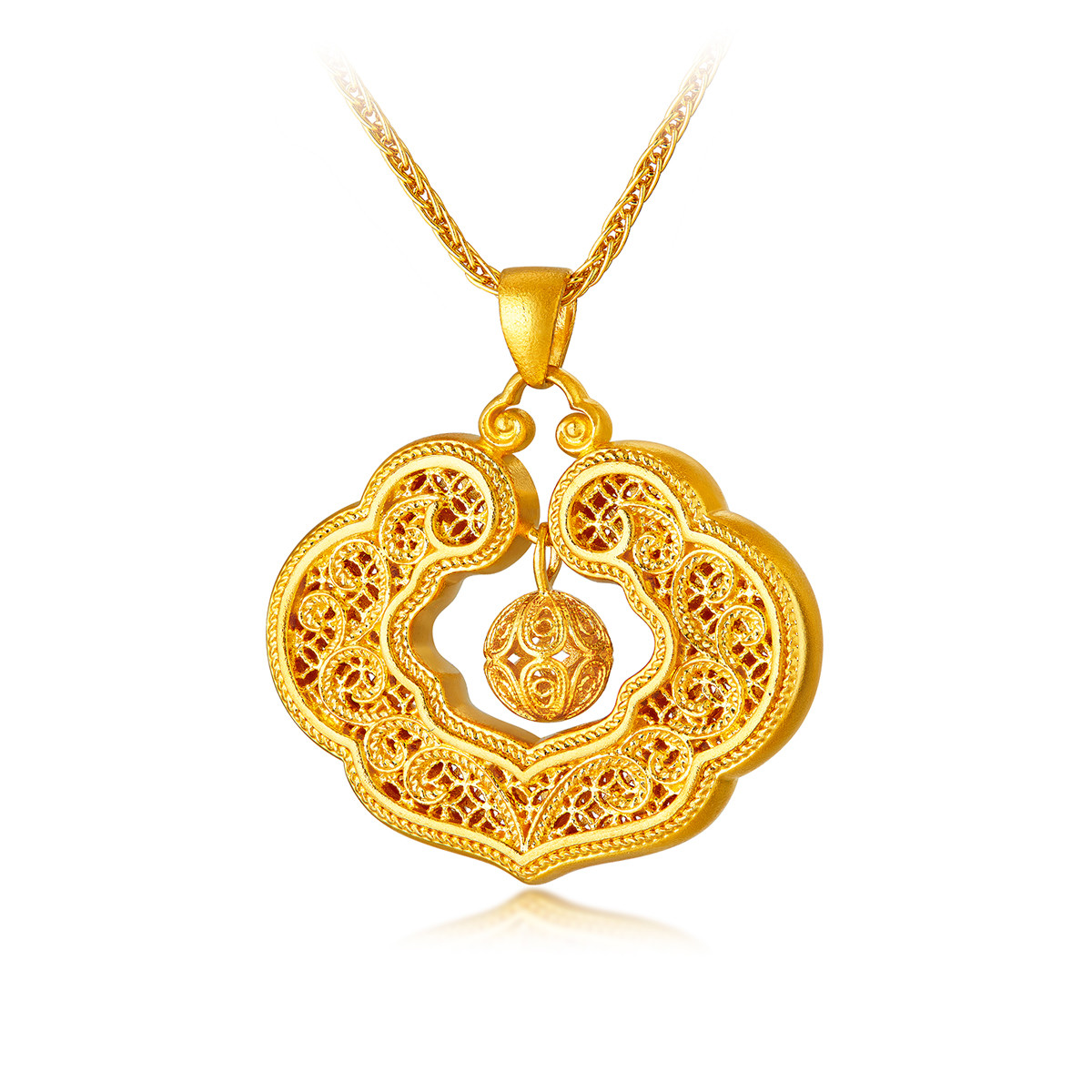 六福珠宝福满传家如意金锁包黄金吊坠女花丝镂空计价F41TBGP0005【1V1直播看货】