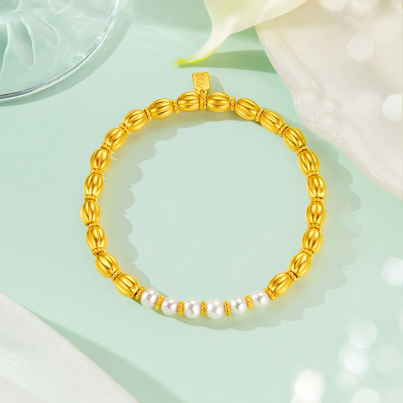 六福珠宝福满传家南瓜珠黄金手链女款珍珠足金手串计价G21G0002DS【1V1直播看货】