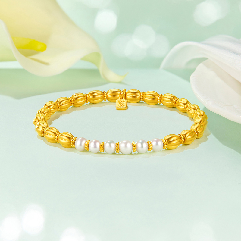 六福珠宝福满传家南瓜珠黄金手链女款珍珠足金手串计价G21G0002DS【1V1直播看货】