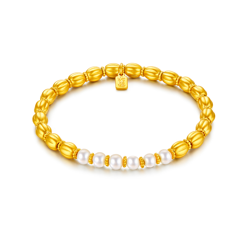 六福珠宝福满传家南瓜珠黄金手链女款珍珠足金手串计价G21G0002DS【1V1直播看货】