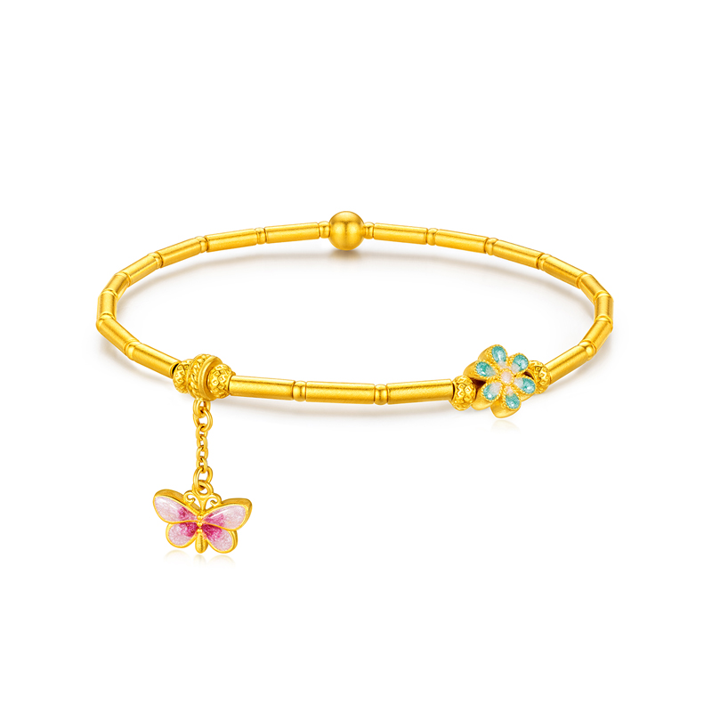 六福珠宝福满传家花间粉蝶黄金手链女长桶珠金手串赏花计价FDG0010DS【联系客服补货】