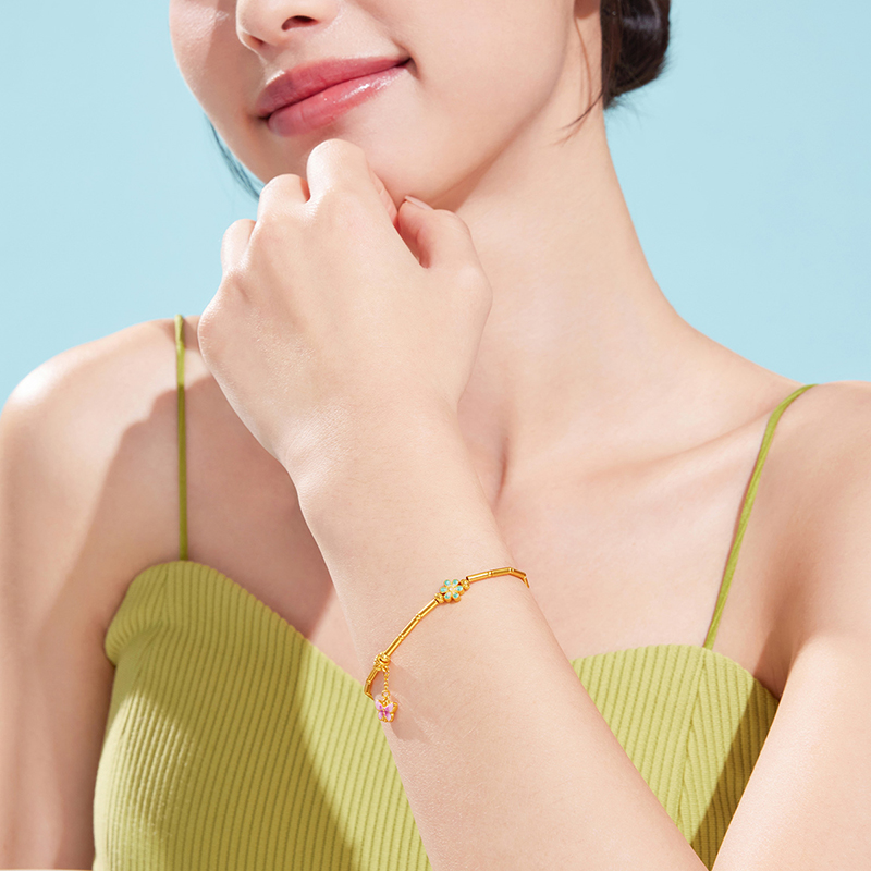 六福珠宝福满传家花间粉蝶黄金手链女长桶珠金手串赏花计价FDG0010DS【联系客服补货】