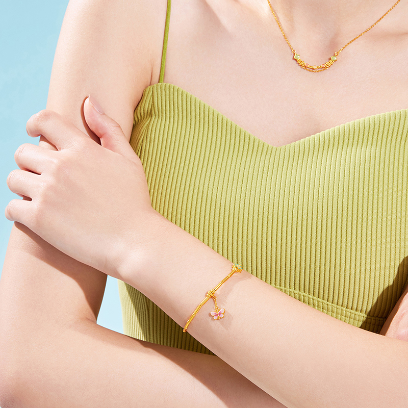 六福珠宝福满传家花间粉蝶黄金手链女长桶珠金手串赏花计价FDG0010DS【联系客服补货】