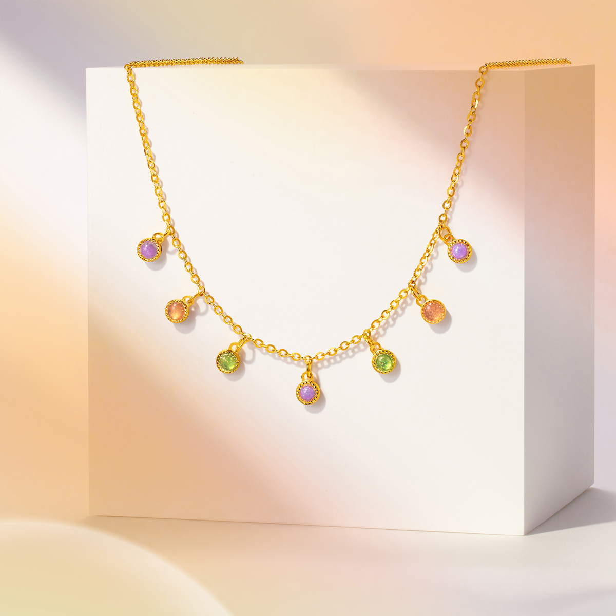 六福珠宝流光韵彩泡泡黄金项链鎏彩工艺足金锁骨链计价FDG0012DS【联系客服补货】