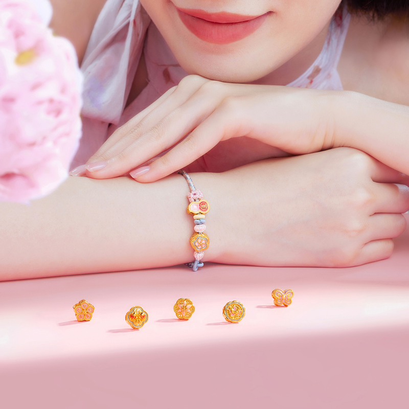 六福珠宝小喜点黄金转运珠女莲花鎏彩工艺珍珠硬金可DIY串珠婚嫁FIA0010DS绿色