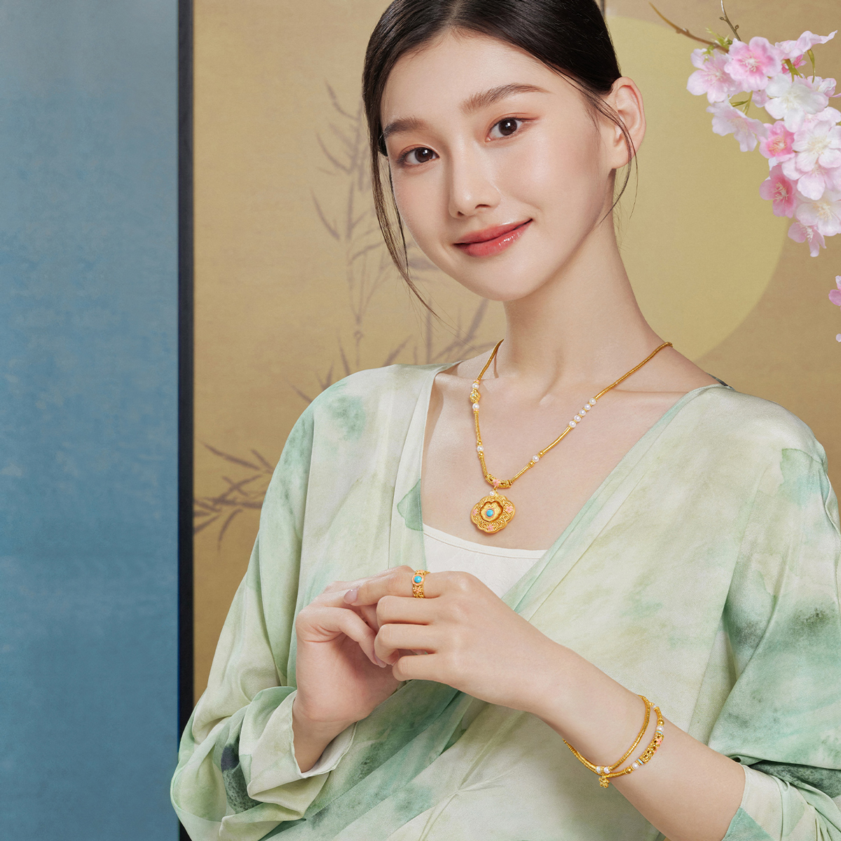  六福珠宝福满传家宋韵花开福临黄金手链珍珠女款赏花计价L07TBGB0035女神节【联系客服补货