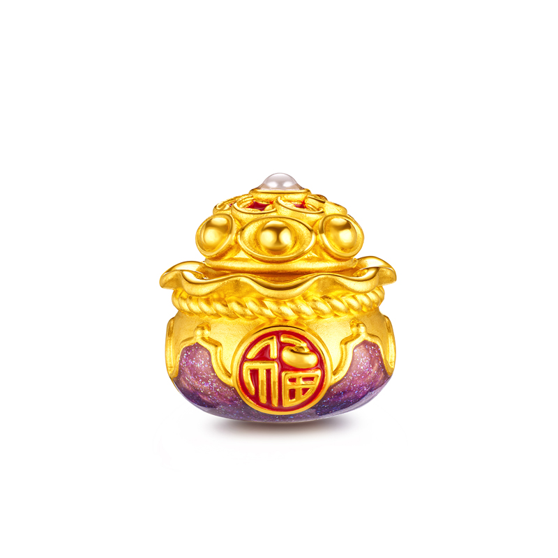 六福珠宝足金聚宝盆元宝可转动鎏彩工艺黄金转运珠串珠单颗G36A0001DS绿色紫气东来