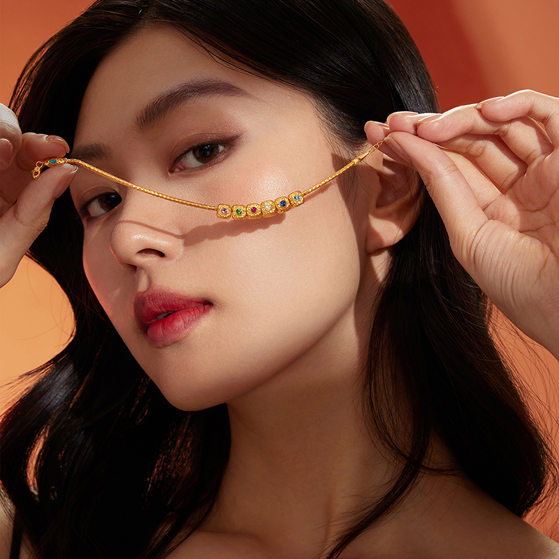 六福珠宝能量金石黄金转运珠女方糖串珠可DIY吞金蛇生肖蛇手链GJA0030DS绿色