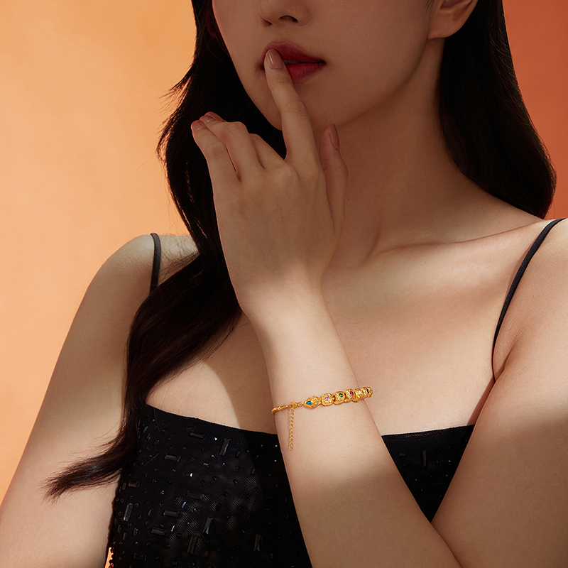 六福珠宝能量金石黄金转运珠女方糖串珠可DIY吞金蛇生肖蛇手链GJA0030DS绿色