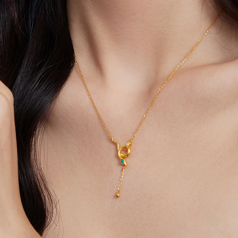 六福珠宝生肖蛇黄金项链女款时尚Y字链流苏锁骨链计价GJG0035DS