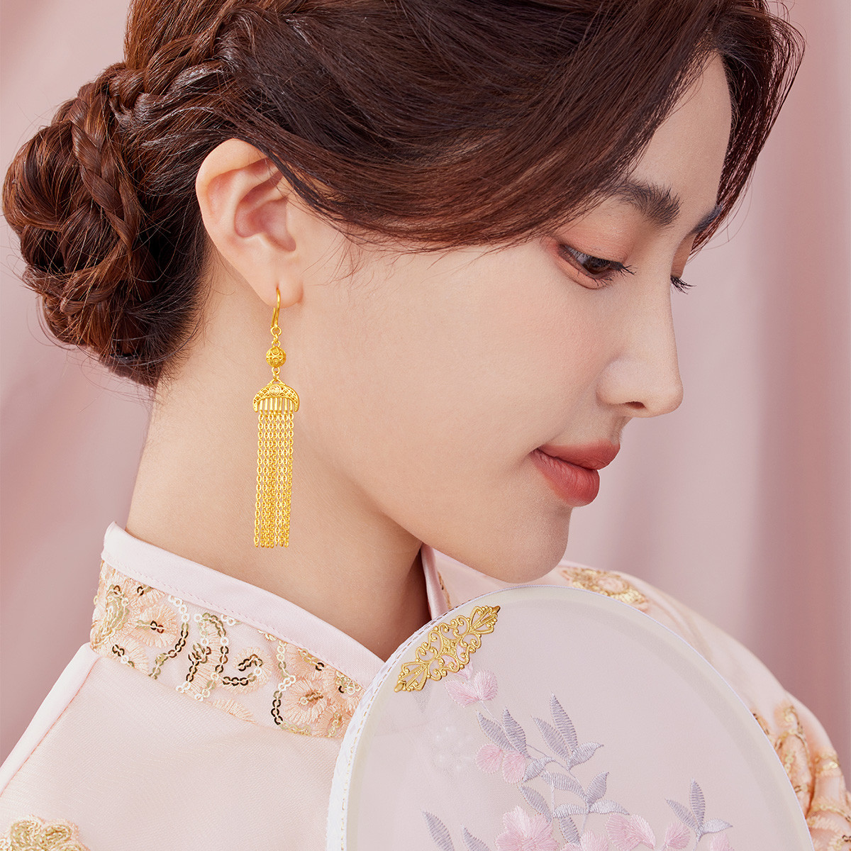 六福珠宝喜梳黄金耳环流苏耳钉女福满传家婚嫁耳坠计价001452EA【联系客服补货】