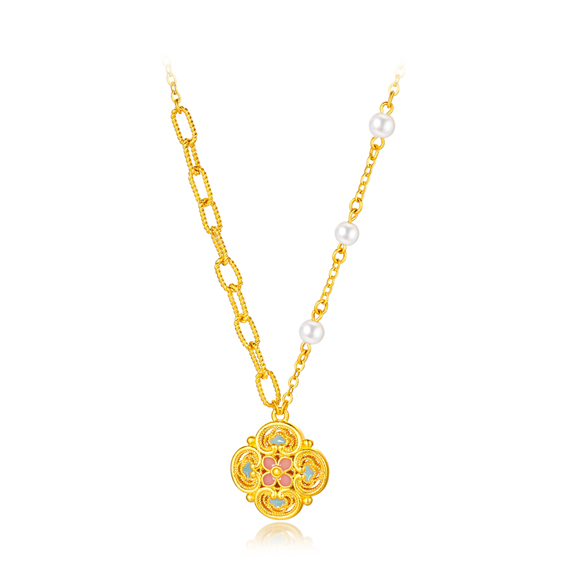 六福珠宝福满传家宋韵花开四喜黄金项链女珍珠AB链计价L07G0001DS【1V1直播看货】