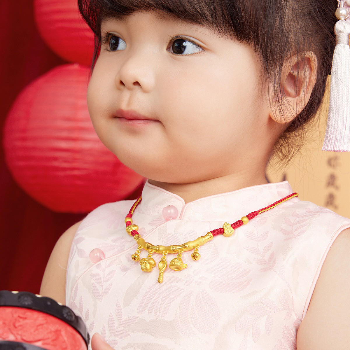 六福珠宝衣食无忧竹节黄金项链吊坠宝宝婴儿足金计价A01TBGN0007【1V1直播看货】