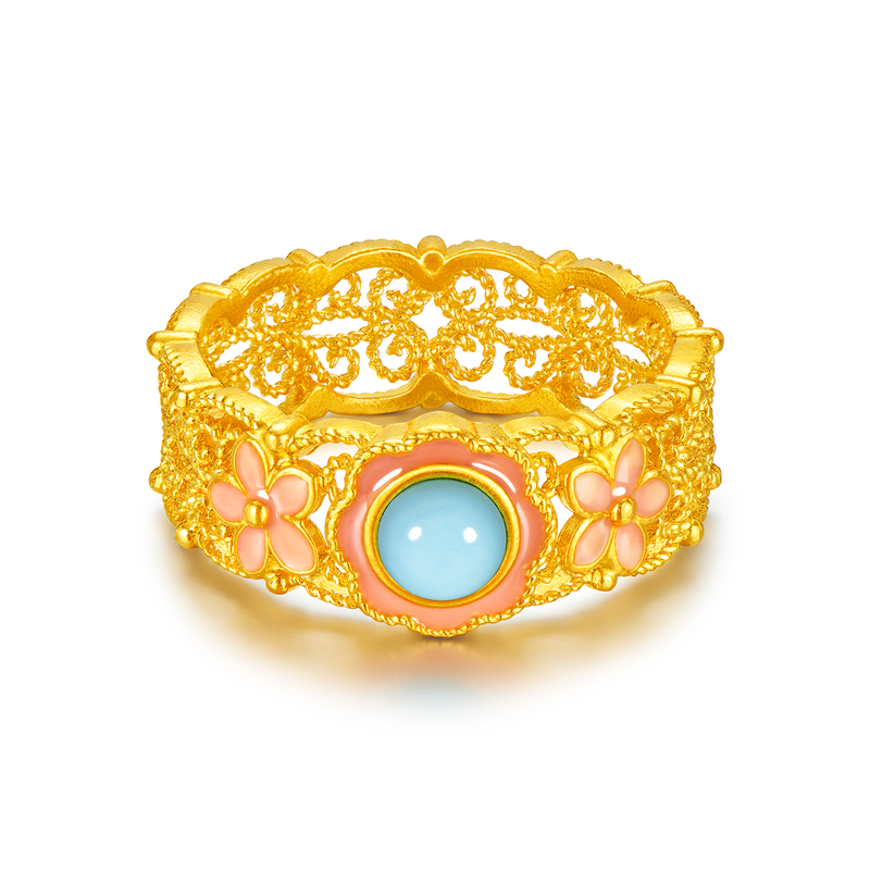 六福珠宝满传家宋韵花开福临黄金戒指镶绿松石女计价L07TBGR0027【联系客服咨询】