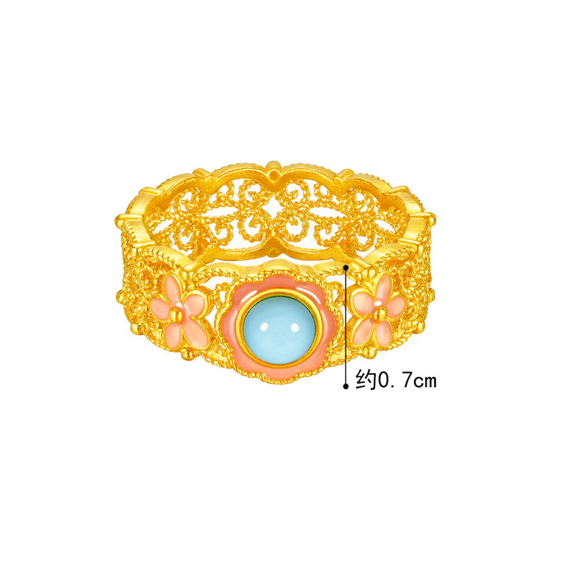 六福珠宝满传家宋韵花开福临黄金戒指镶绿松石女计价L07TBGR0027【联系客服咨询】